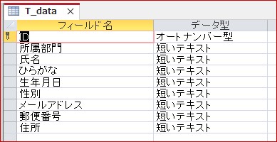 AccessVBA-T_dataテーブルのデザインビュー表示