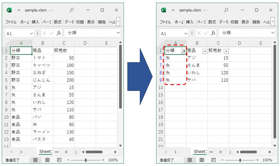 ExcelVBA-オートフィルタで絞り込む方法-実行前と実行後のイメージ-表範囲を指定