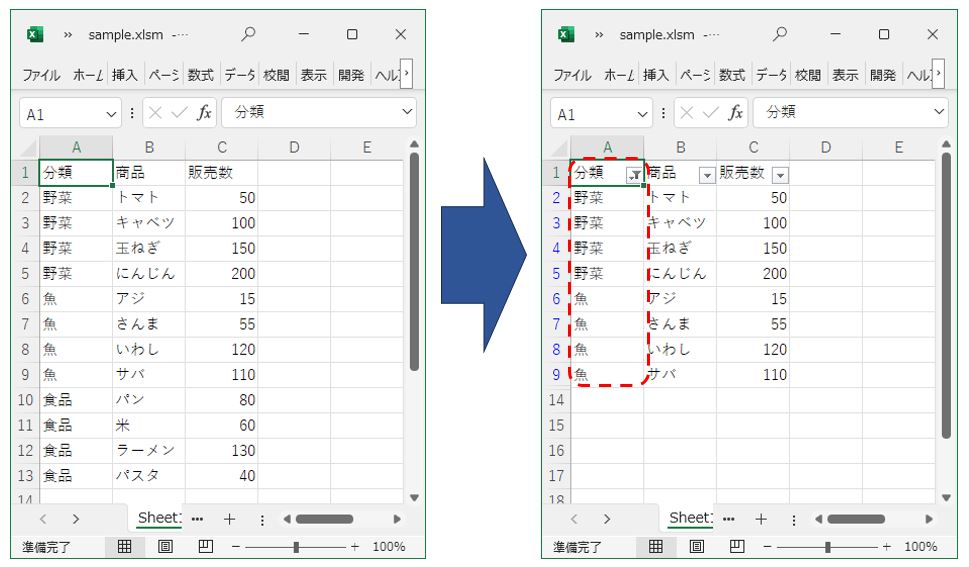 ExcelVBA-オートフィルタで絞り込む方法-実行前と実行後のイメージ-１列に複数条件を設定して絞込み