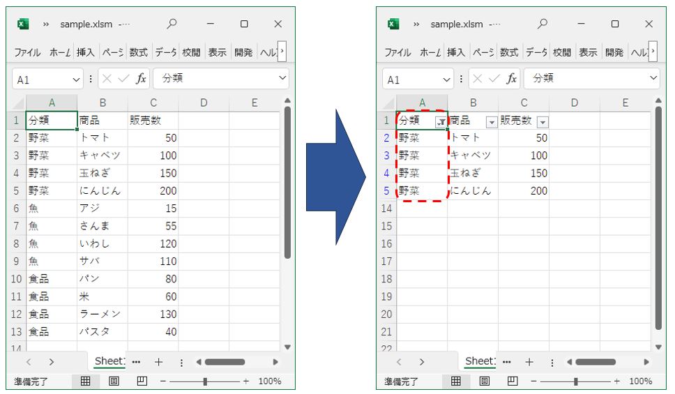 ExcelVBA-オートフィルタで絞り込む方法-実行前と実行後のイメージ-ワイルドカードで絞込み