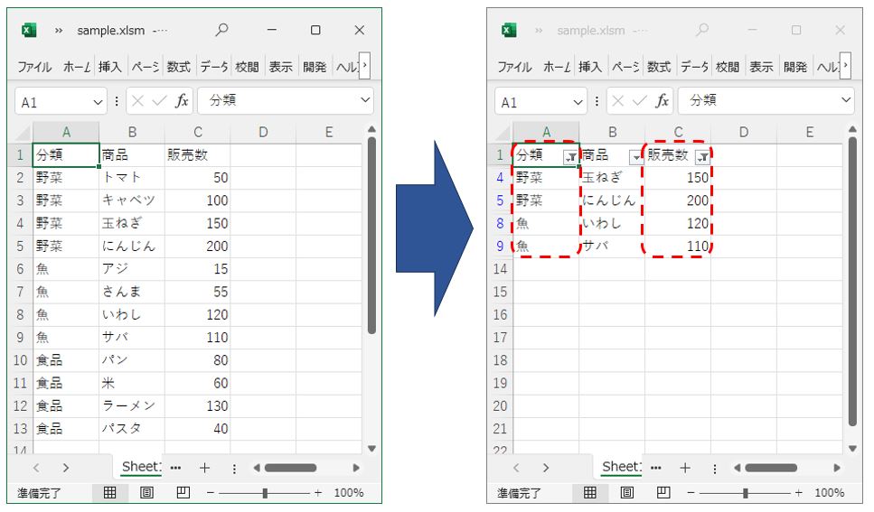 ExcelVBA-オートフィルタで絞り込む方法-実行前と実行後のイメージ-複数列で絞込み