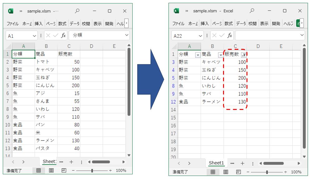 ExcelVBA-オートフィルタで絞り込む方法-実行前と実行後のイメージ-数値で絞込み