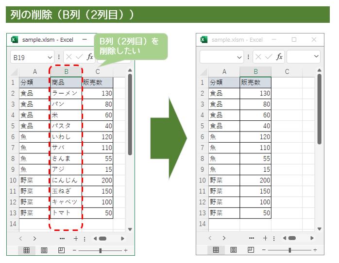 エクセルVBAで列を削除する方法（1列）