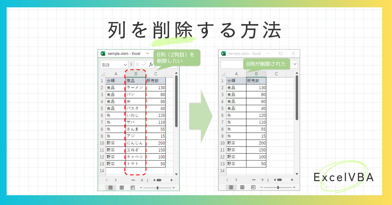 エクセルVBAで列を削除する方法のアイキャッチ